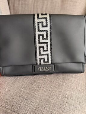 Versace Black Toiletry Bag with Black-and-White Greca Strap